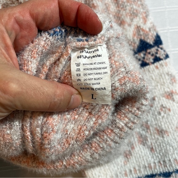 Fair Isle Mock Neck Cozy Pink, White & Blue Fuzzy Sweater - Picture 4 of 6